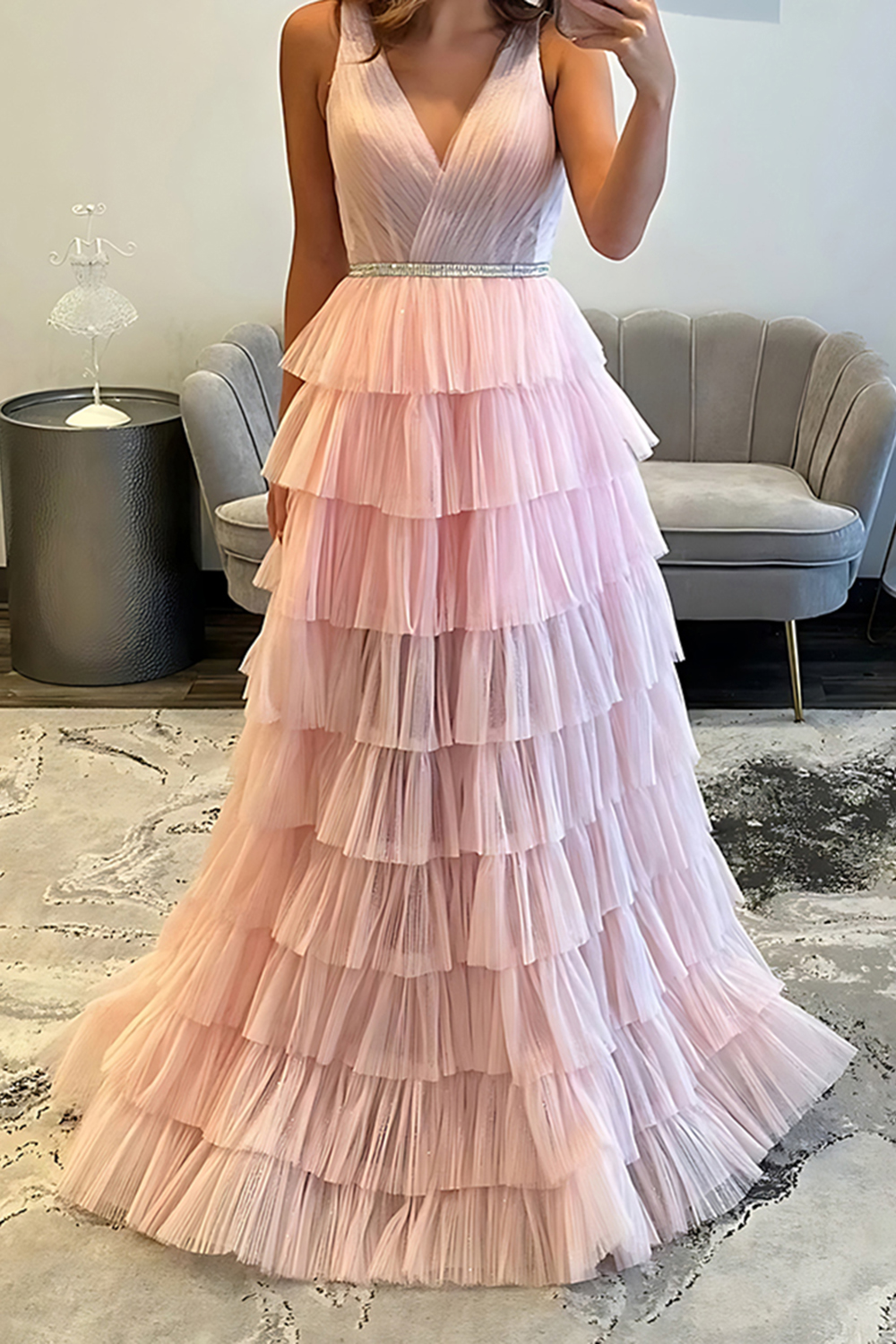 Blush V-Neck Tiered Ruffled Pleated Long Prom Dress