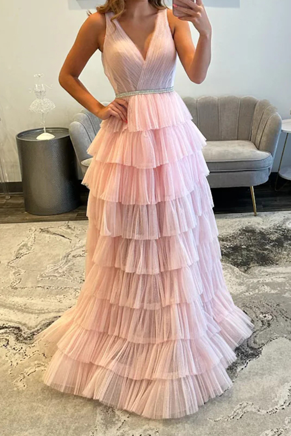 Blush V-Neck Tiered Ruffled Pleated Long Prom Dress