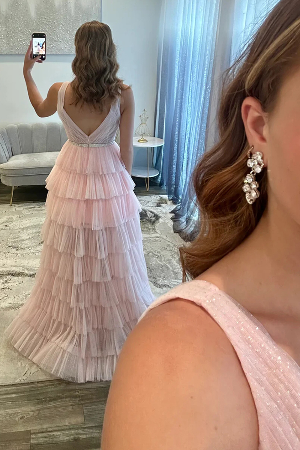 Blush V-Neck Tiered Ruffled Pleated Long Prom Dress