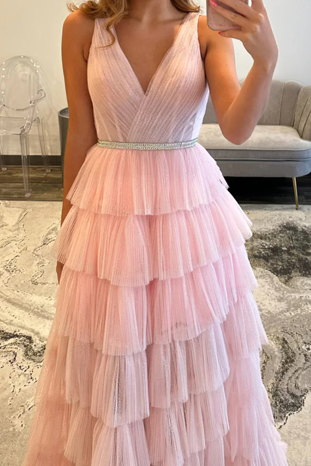 Blush V-Neck Tiered Ruffled Pleated Long Prom Dress
