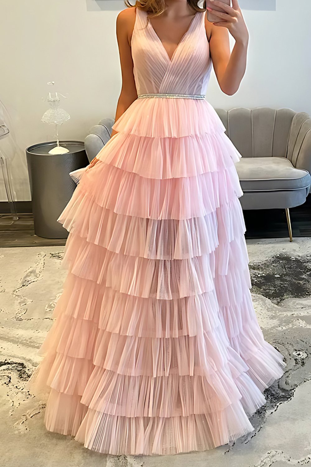 Blush V-Neck Tiered Ruffled Pleated Long Prom Dress