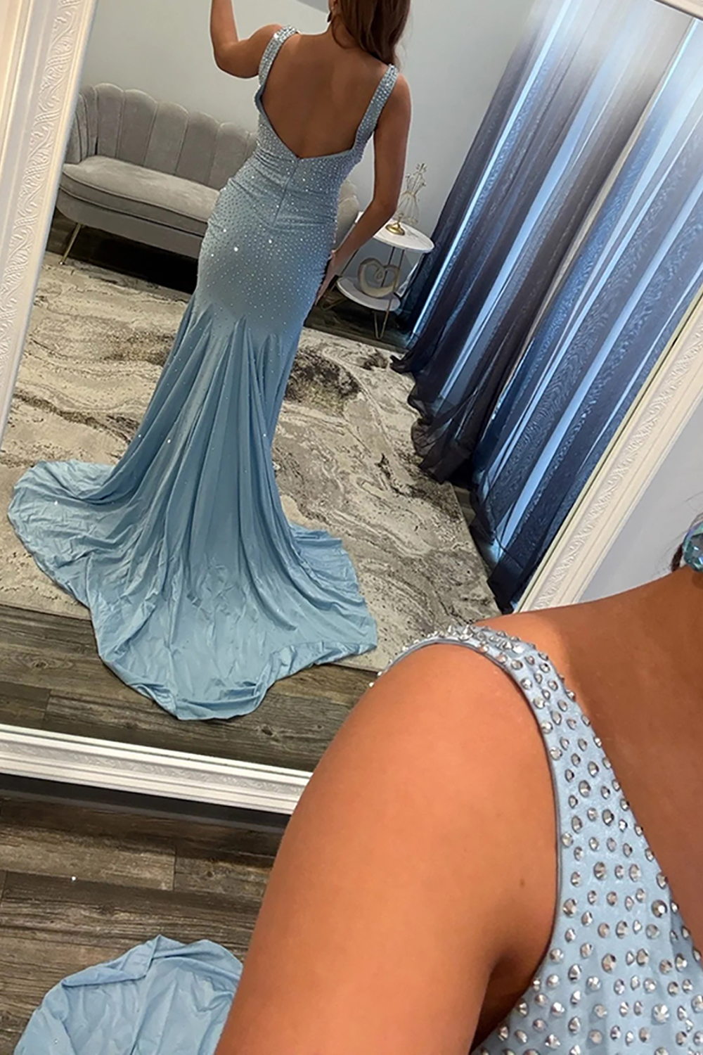 Sparkly Royal Blue Mermaid V-Neck Beaded Long Prom Dress with Slit