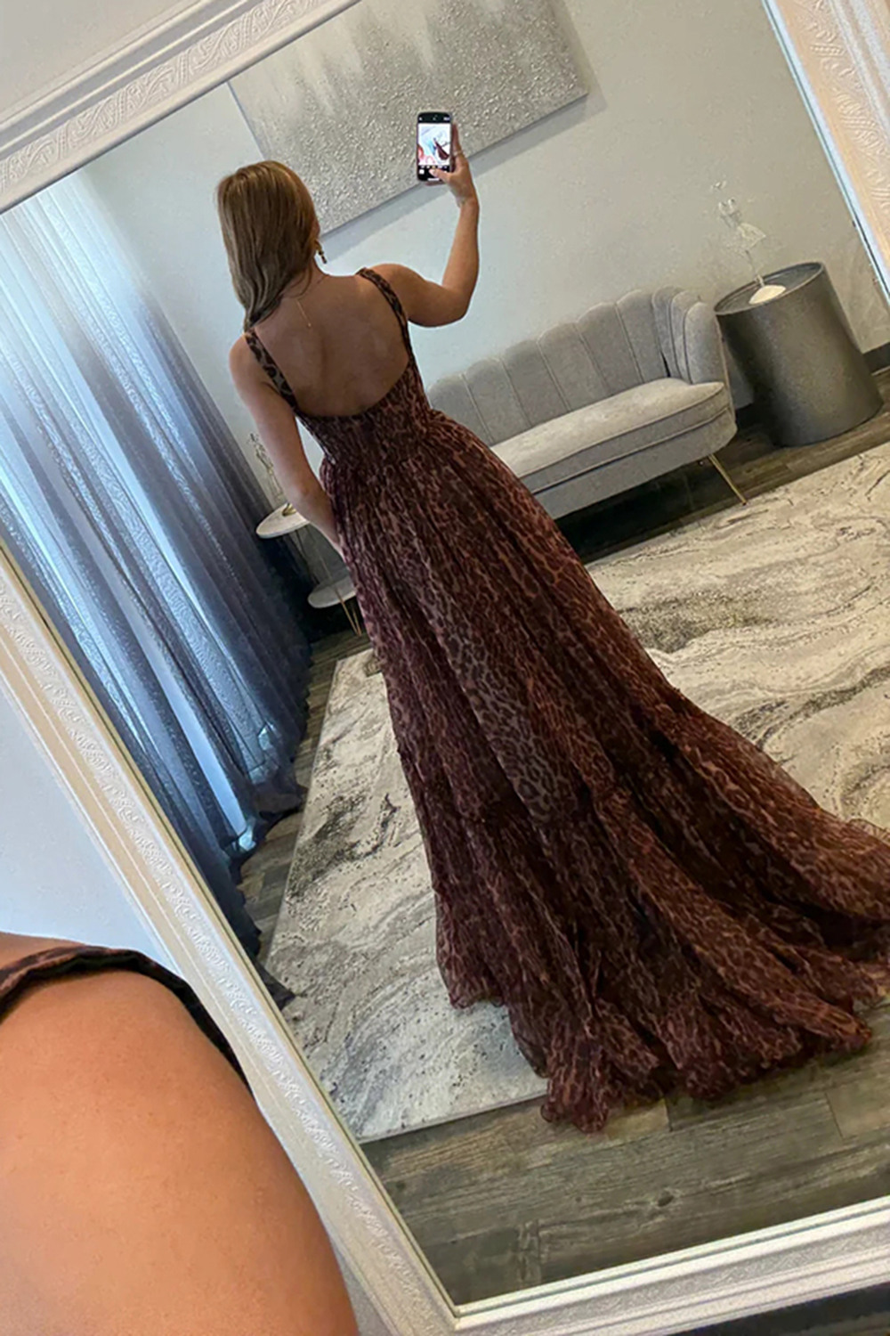 Coffee Leapord A Line Corset Ruffled Long Prom Dress