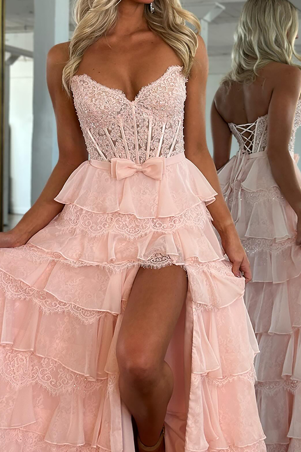 Blush Sweetheart Lace Tiered Ruffled Long Corset Prom Dress with Slit
