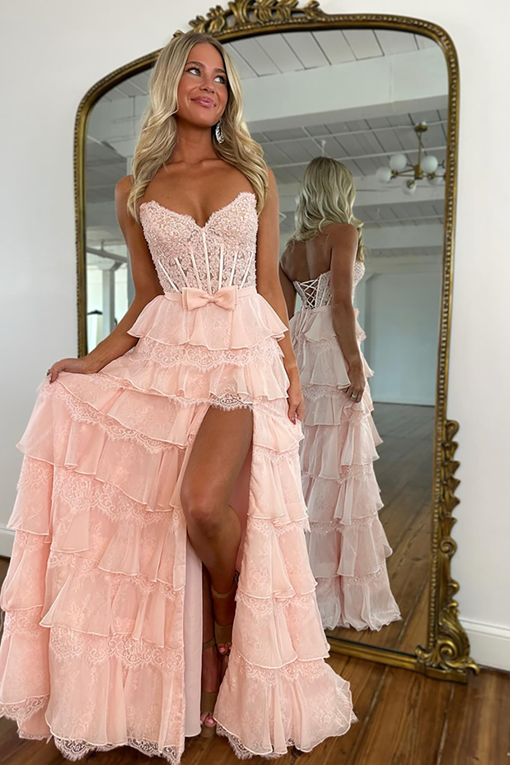Blush Sweetheart Lace Tiered Ruffled Long Corset Prom Dress with Slit