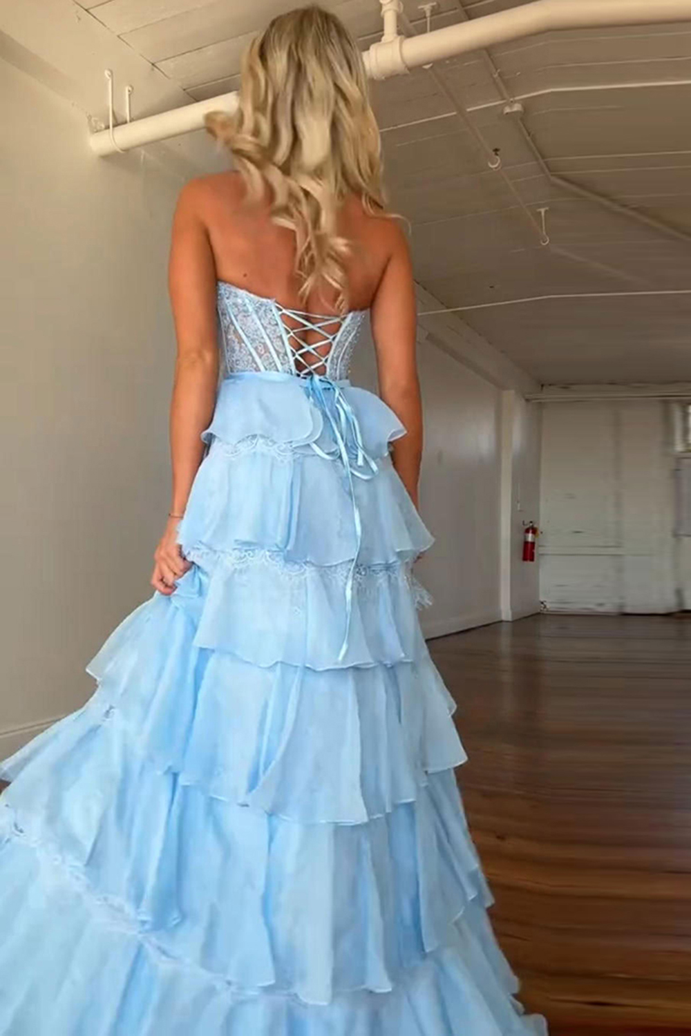 Blush Sweetheart Lace Tiered Ruffled Long Corset Prom Dress with Slit