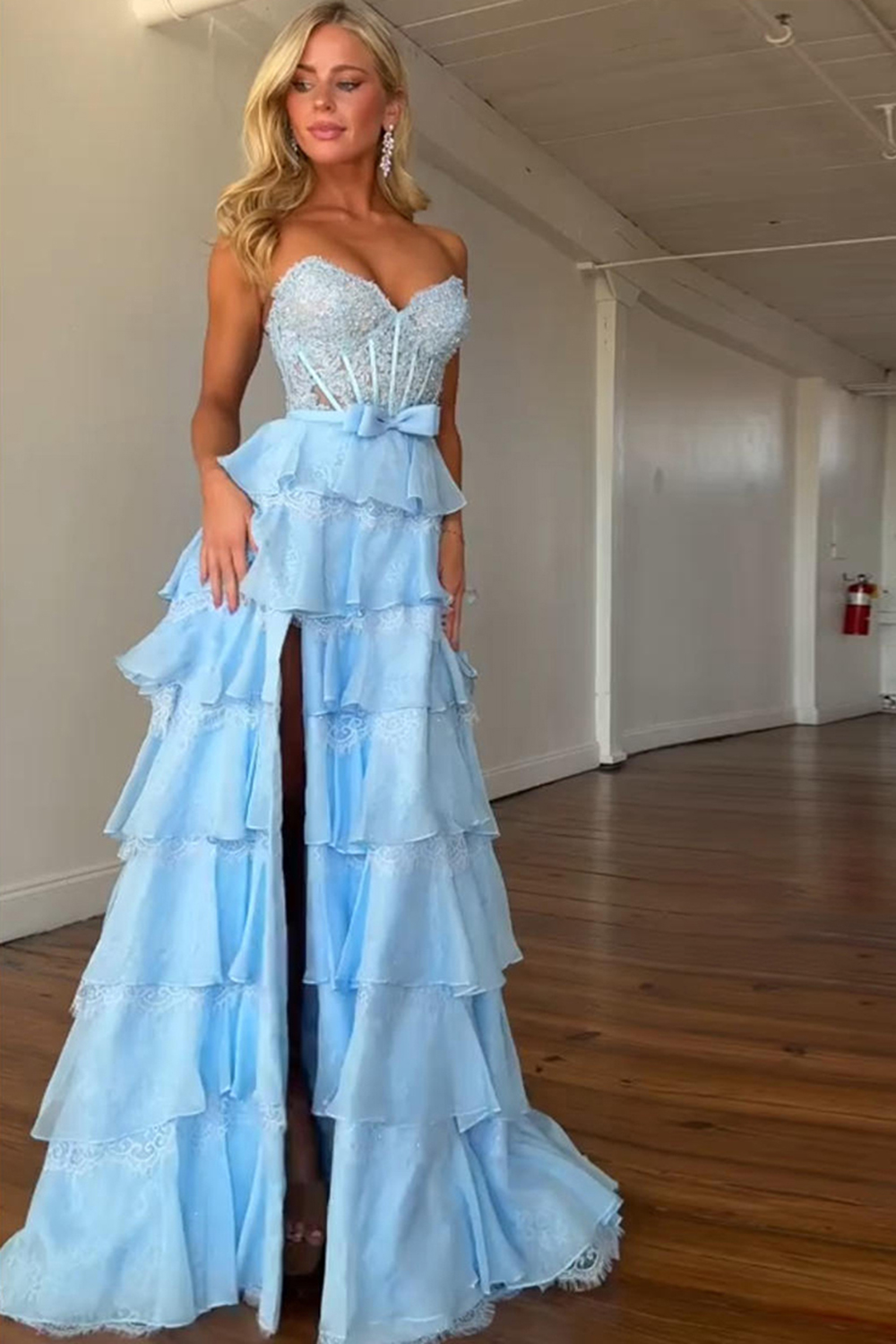 Blush Sweetheart Lace Tiered Ruffled Long Corset Prom Dress with Slit