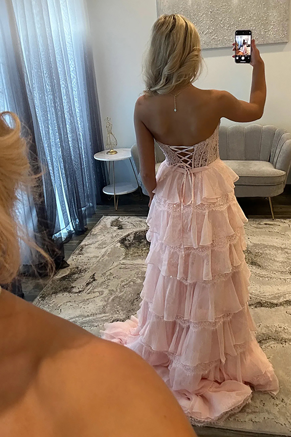 Blush Sweetheart Lace Tiered Ruffled Long Corset Prom Dress with Slit