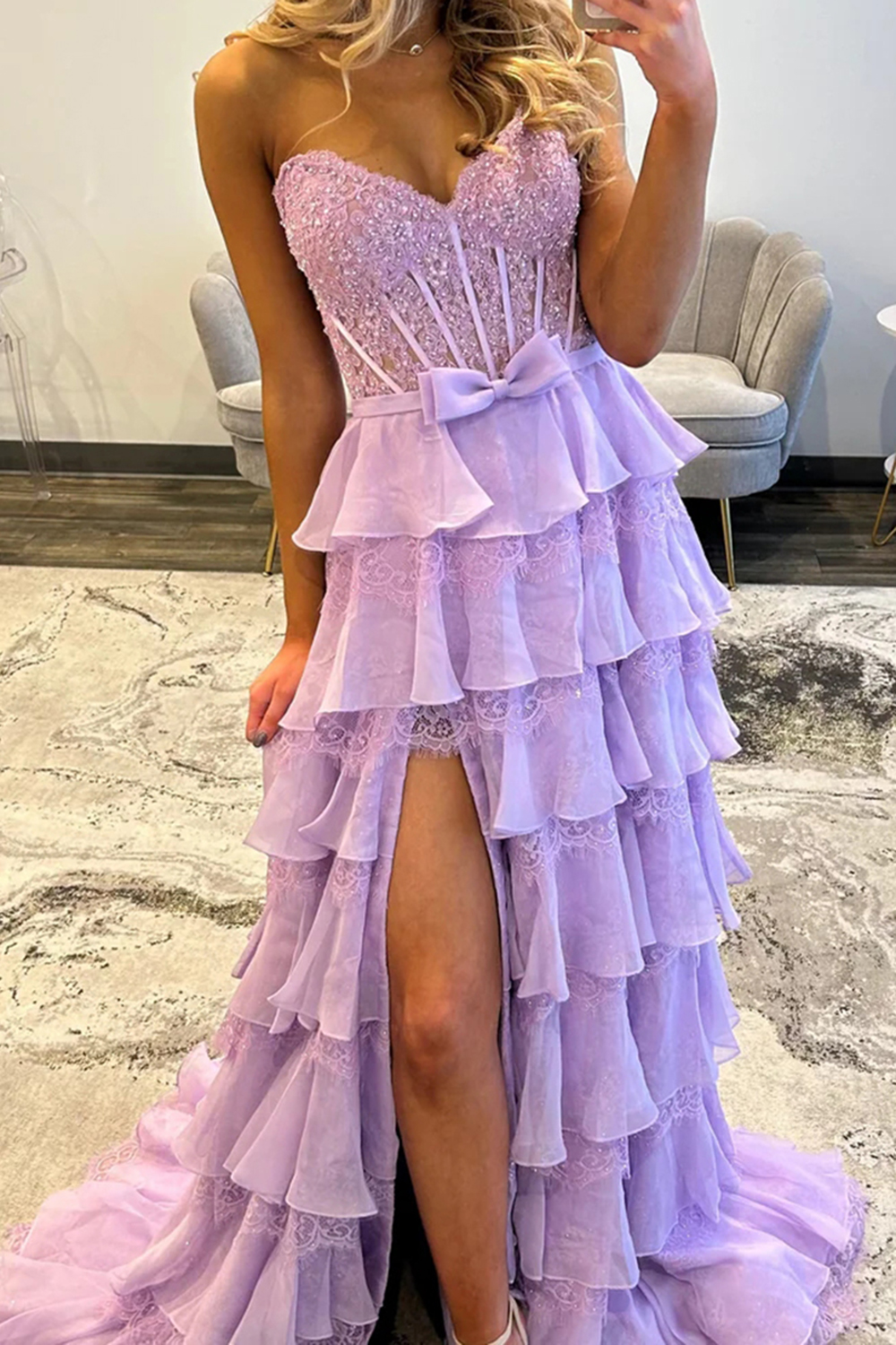 Blush Sweetheart Lace Tiered Ruffled Long Corset Prom Dress with Slit