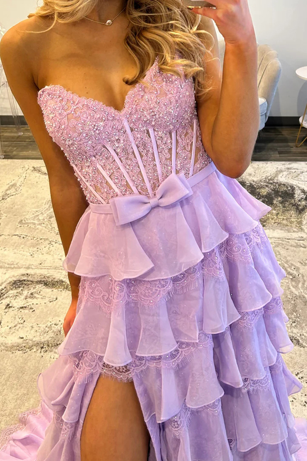 Blush Sweetheart Lace Tiered Ruffled Long Corset Prom Dress with Slit