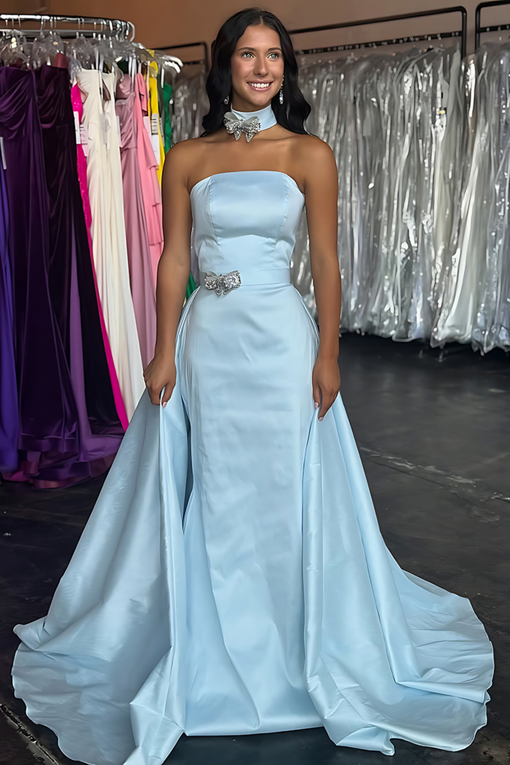 Light Blue Satin Strapless Sheath Long Prom Dress with Cape