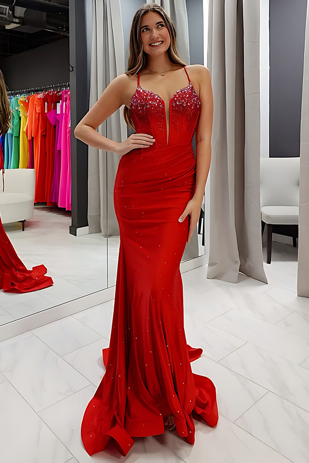 Sparkly Red Beaded Mermaid Spaghetti Straps Long Prom Dress