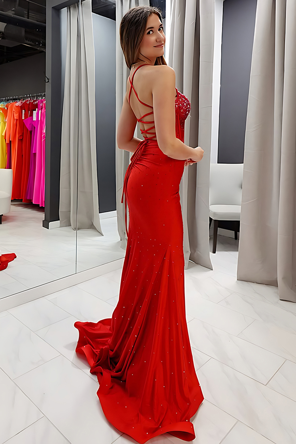 Sparkly Red Beaded Mermaid Spaghetti Straps Long Prom Dress