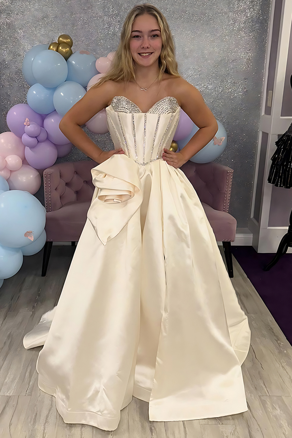 Sparkly Apricot Satin Floral A Line Long Prom Dress with Beading