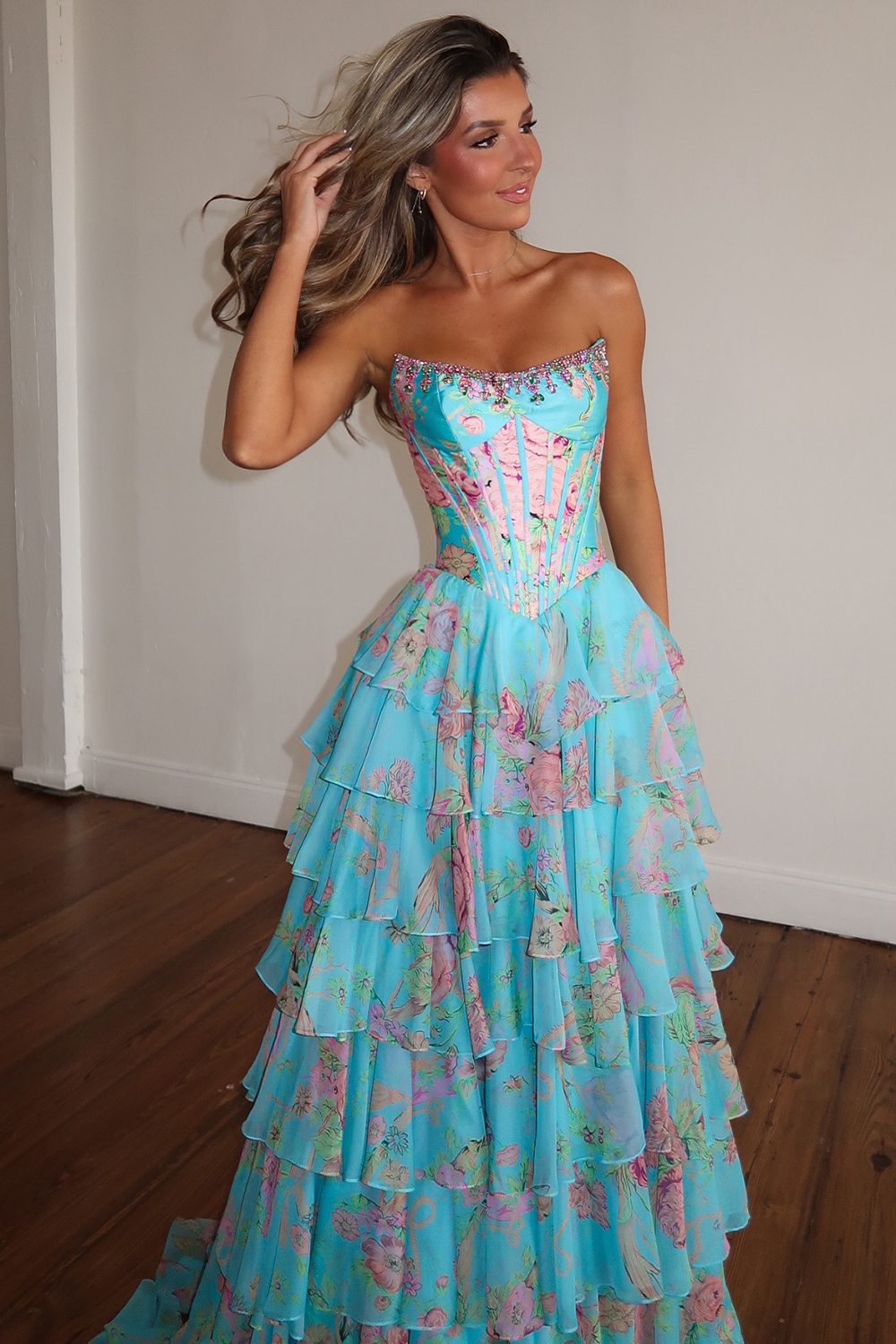 Sparkly Blue Floral Corset Ruffled Tiered A-Line Long Prom Dress with Slit