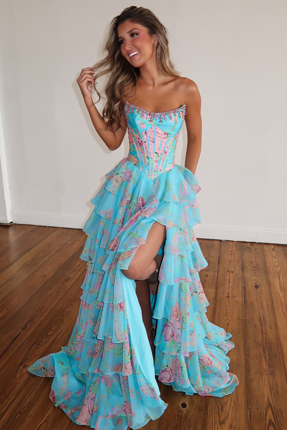 Sparkly Blue Floral Corset Ruffled Tiered A-Line Long Prom Dress with Slit