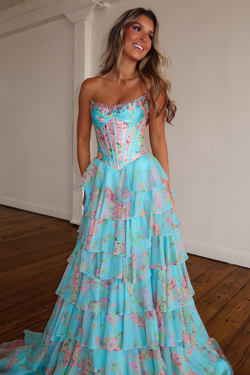 Sparkly Blue Floral Corset Ruffled Tiered A-Line Long Prom Dress with Slit