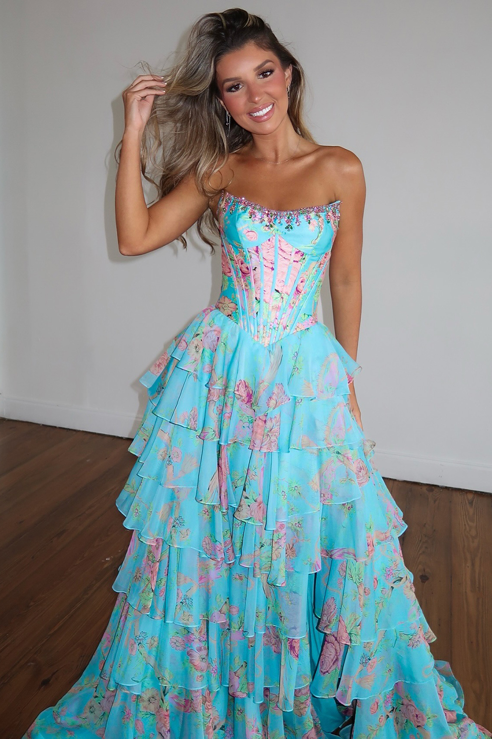 Sparkly Blue Floral Corset Ruffled Tiered A-Line Long Prom Dress with Slit