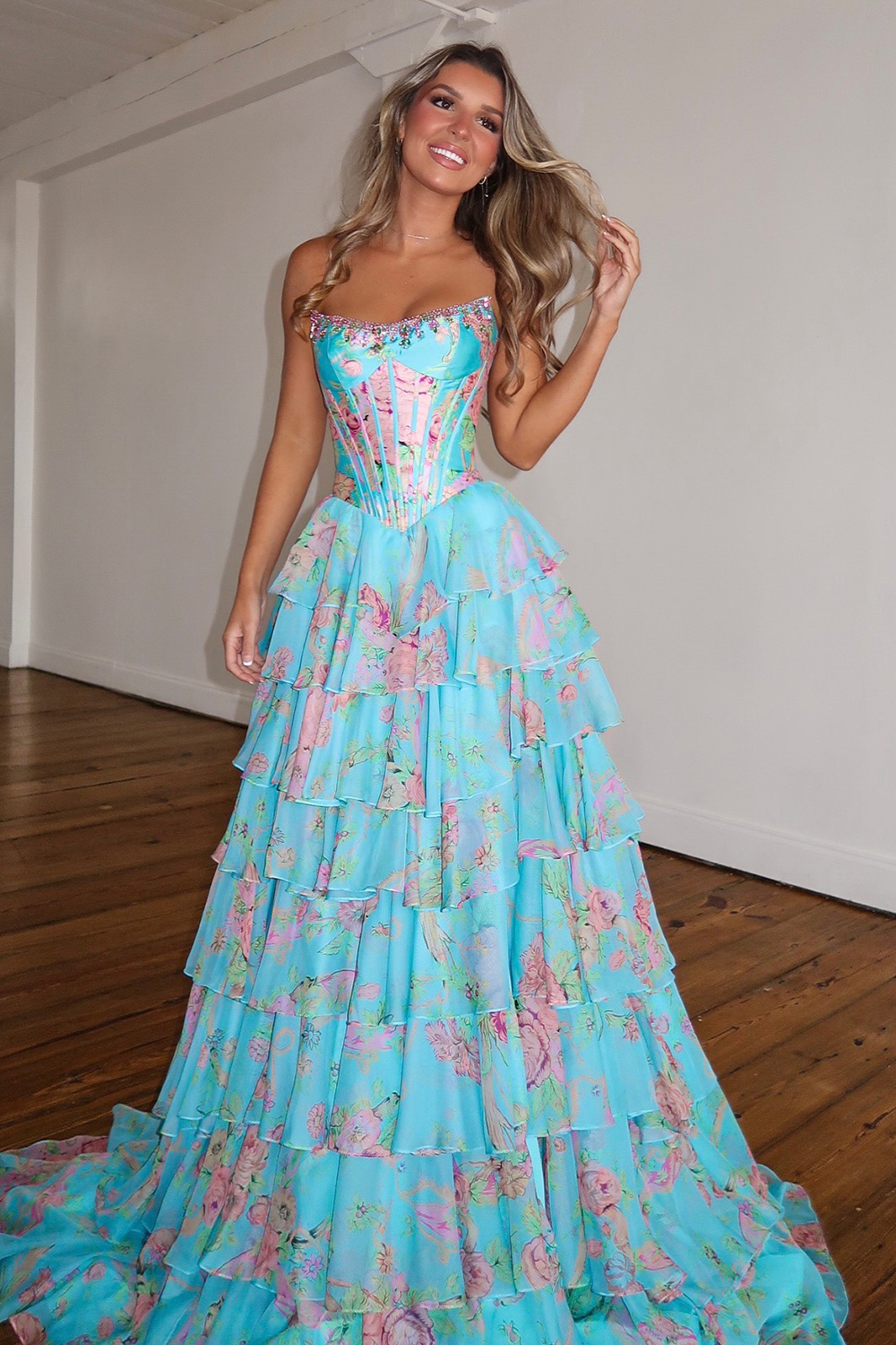 Sparkly Blue Floral Corset Ruffled Tiered A-Line Long Prom Dress with Slit
