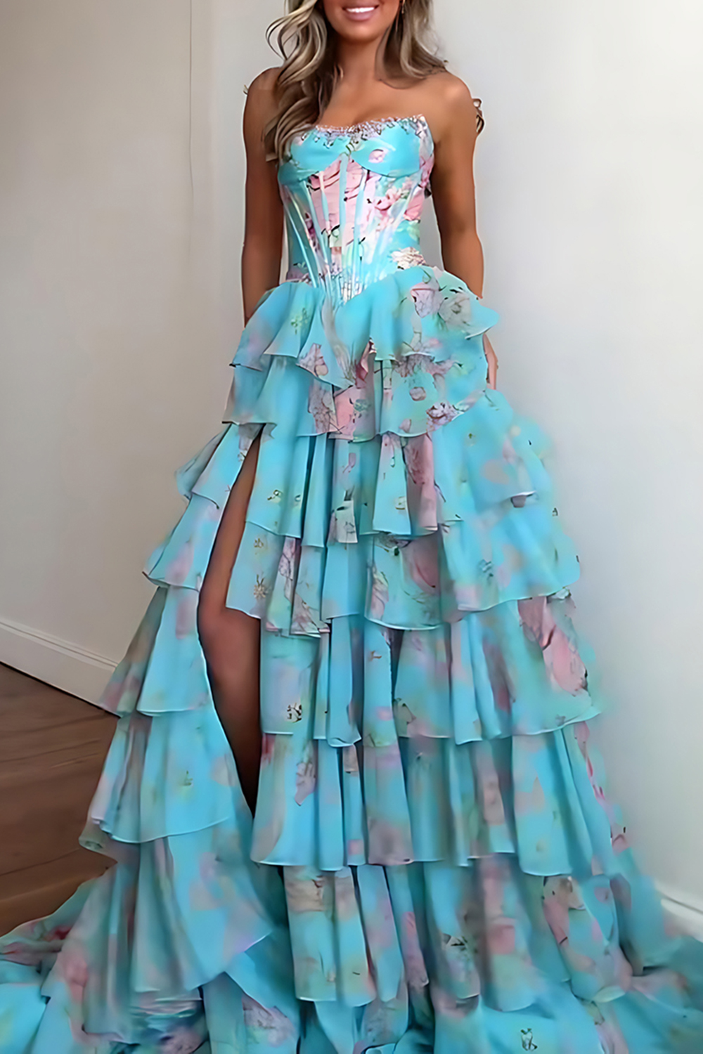 Sparkly Blue Floral Corset Ruffled Tiered A-Line Long Prom Dress with Slit