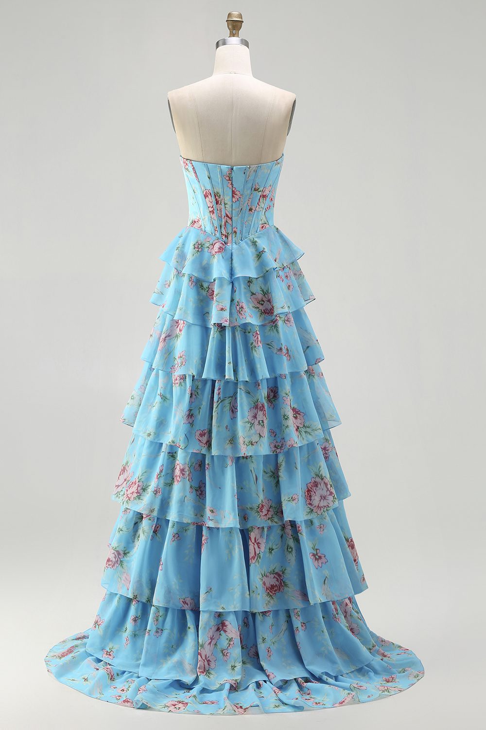 Sparkly Blue Floral Corset Ruffled Tiered A-Line Long Prom Dress with Slit