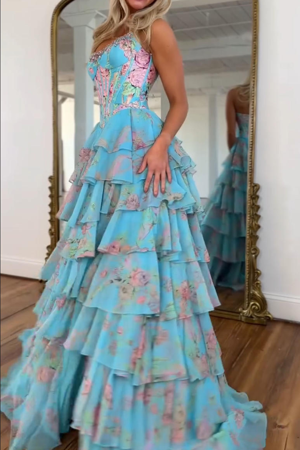 Sparkly Blue Floral Corset Ruffled Long Prom Dress with Slit