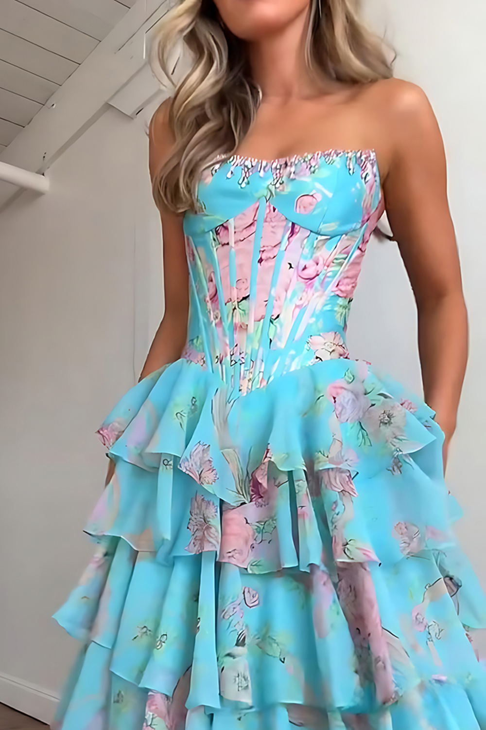 Sparkly Blue Floral Corset Ruffled Tiered A-Line Long Prom Dress with Slit