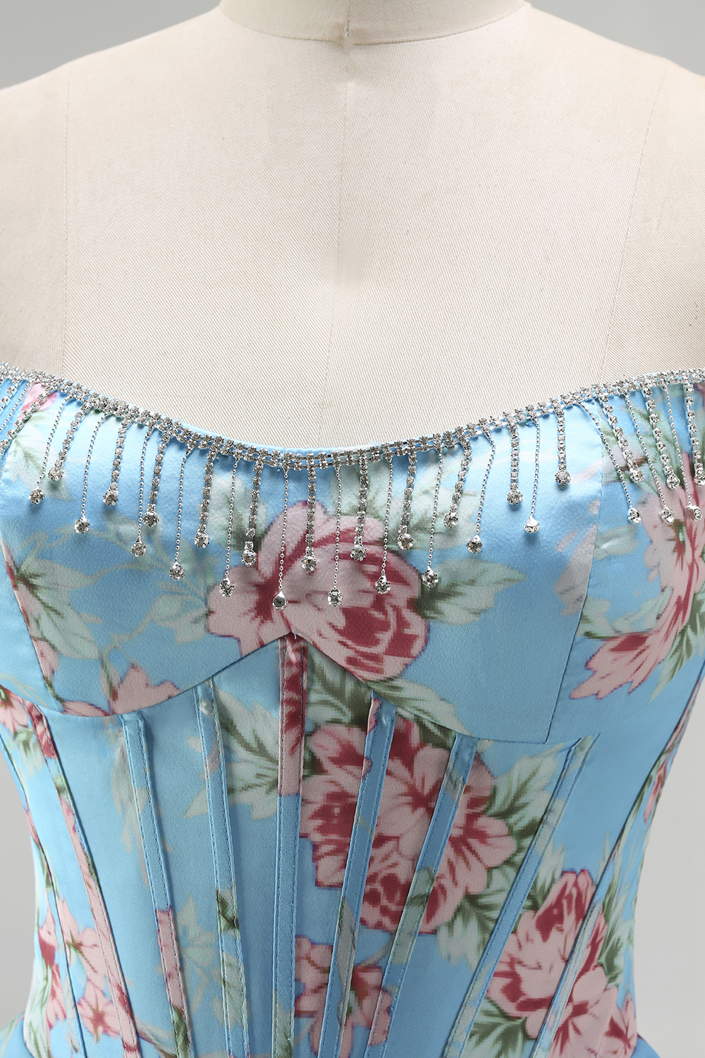 Sparkly Blue Floral Ruffled Tiered A-Line Long Corset Prom Dress with Slit