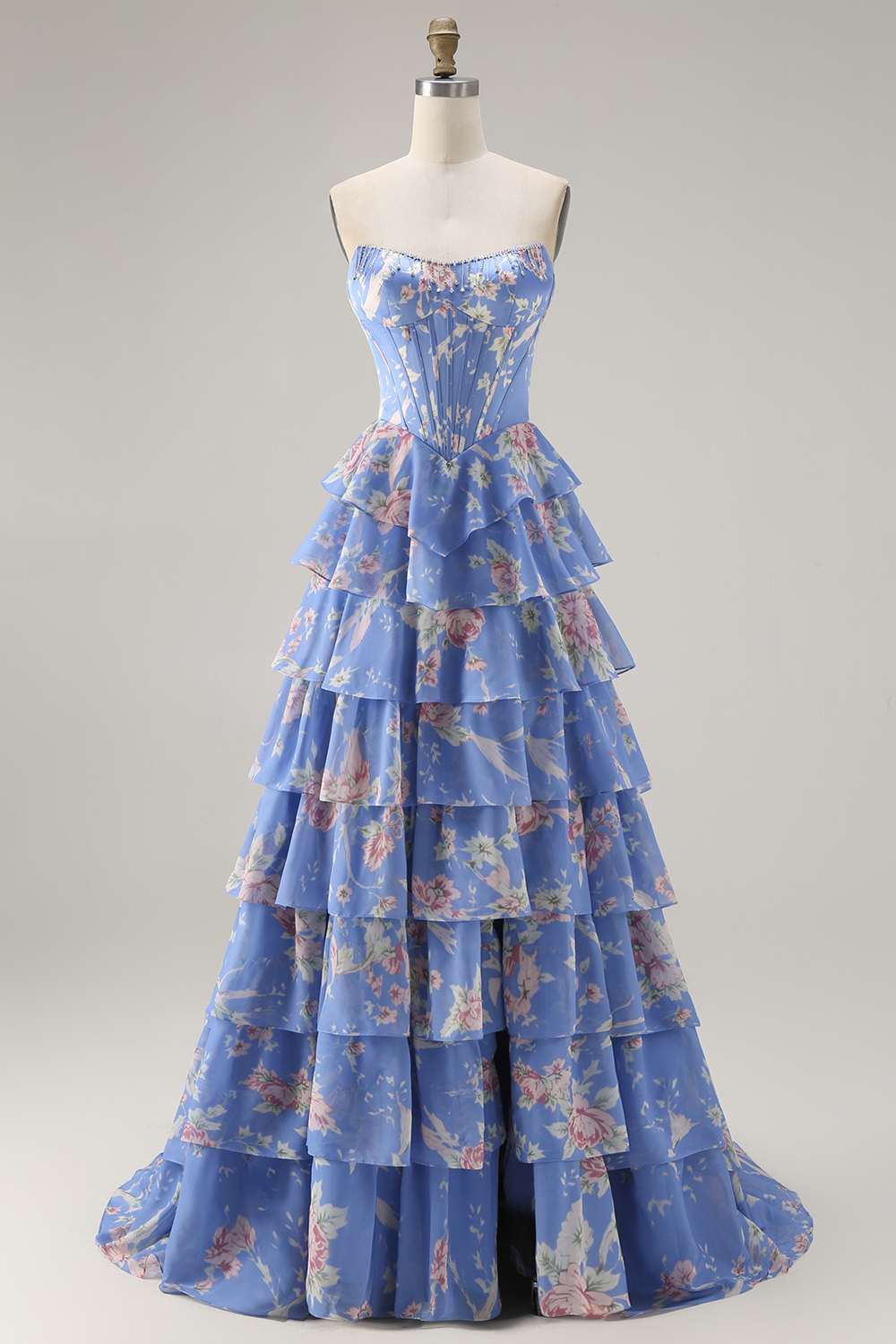 Sparkly Blue Floral Corset Ruffled Tiered A-Line Long Prom Dress with Slit