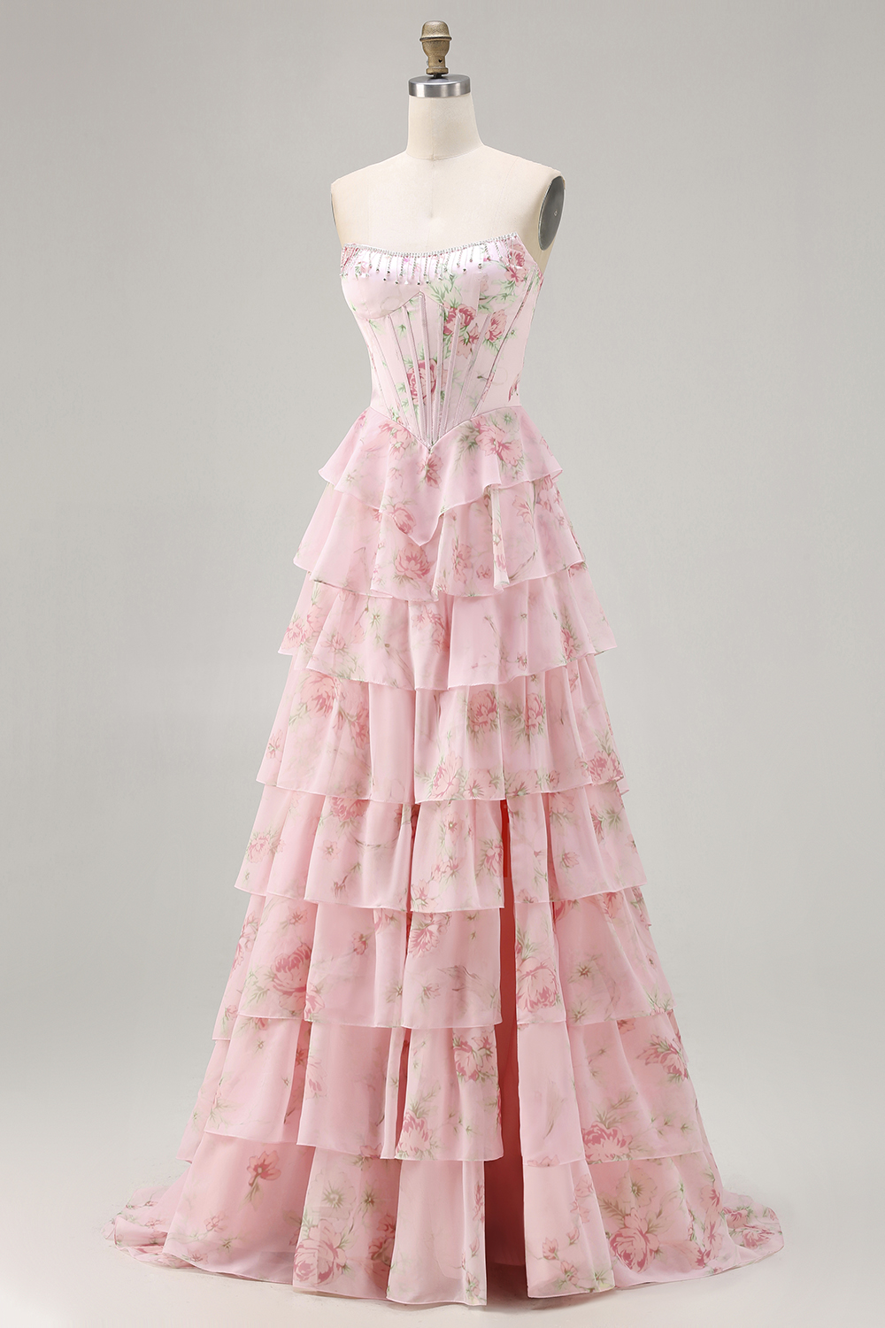 Sparkly Blue Floral Ruffled Tiered A-Line Long Corset Prom Dress with Slit