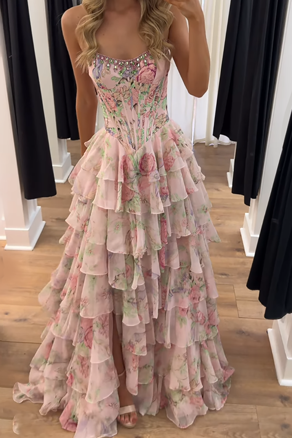 Sparkly Blue Floral Corset Ruffled Tiered A-Line Long Prom Dress with Slit