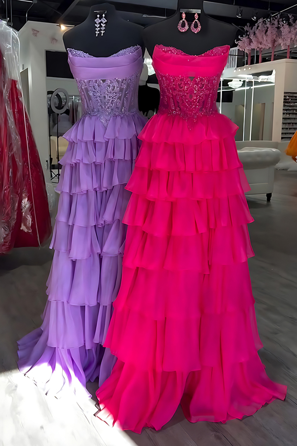 Sparkly Orange A Line Beaded Strapless Long Corset Prom Dress with Ruffles