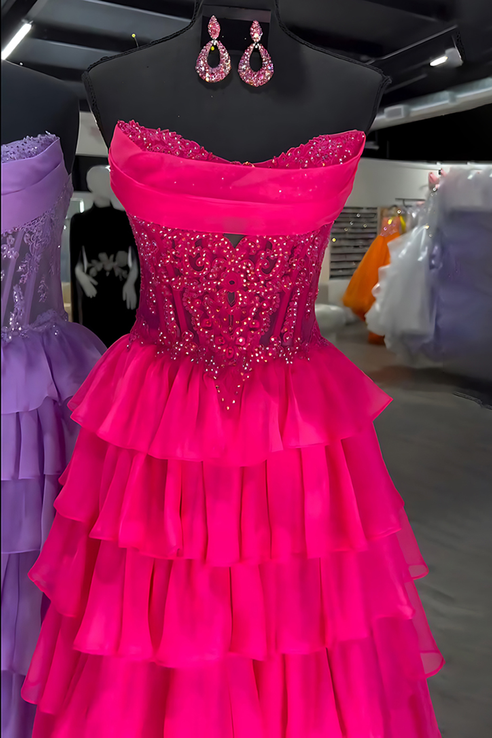 Sparkly Orange A Line Beaded Strapless Long Corset Prom Dress with Ruffles