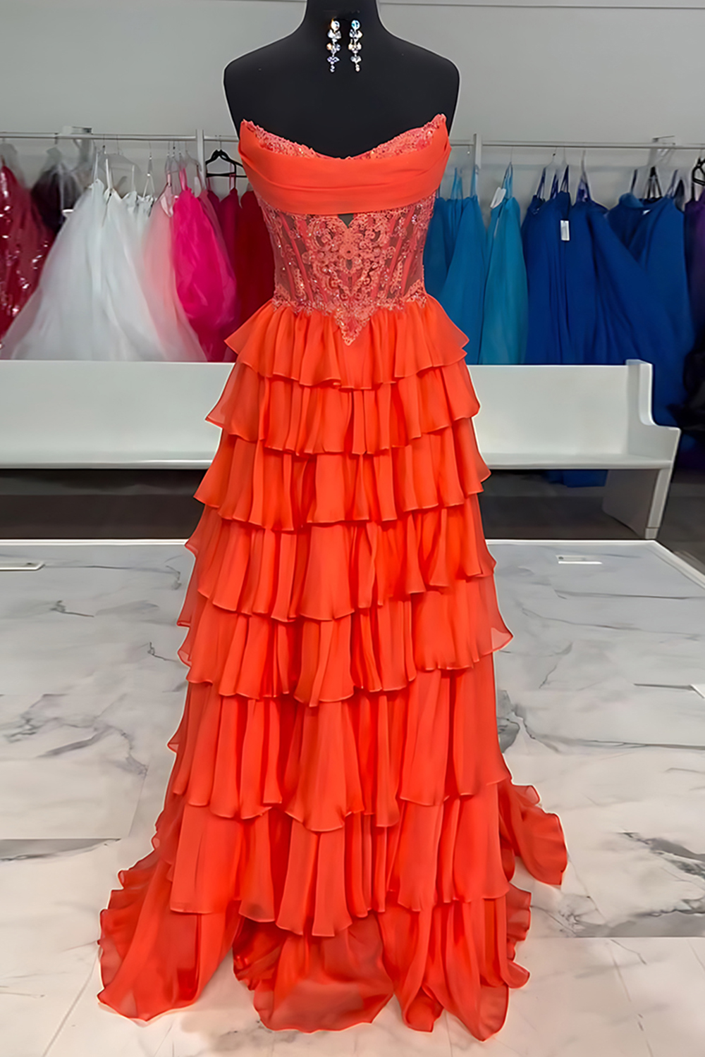 Sparkly Orange A Line Beaded Strapless Long Corset Prom Dress with Ruffles
