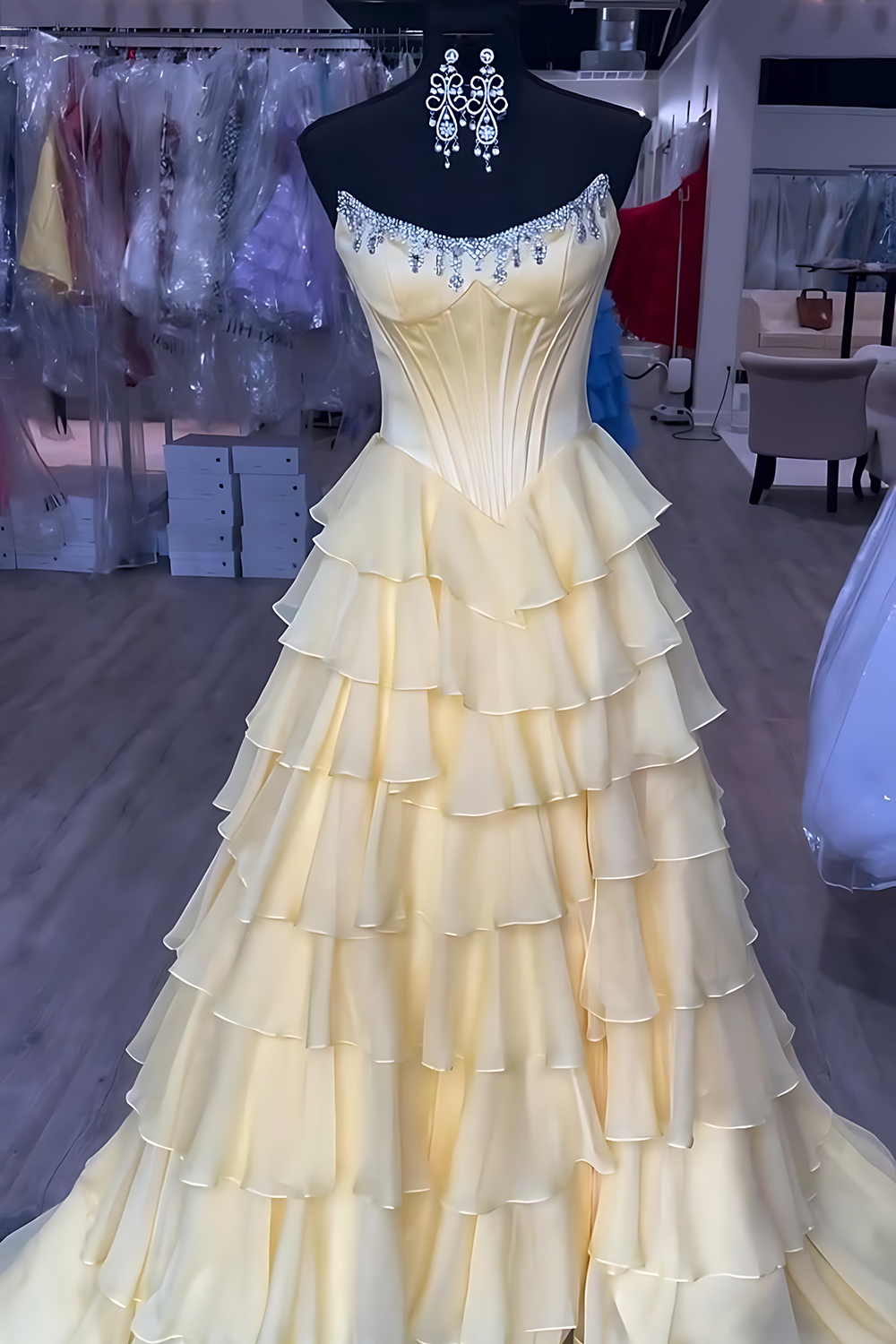 Sparkly Apricot Corset Strapless Ruffled Long Prom Dress with Beading