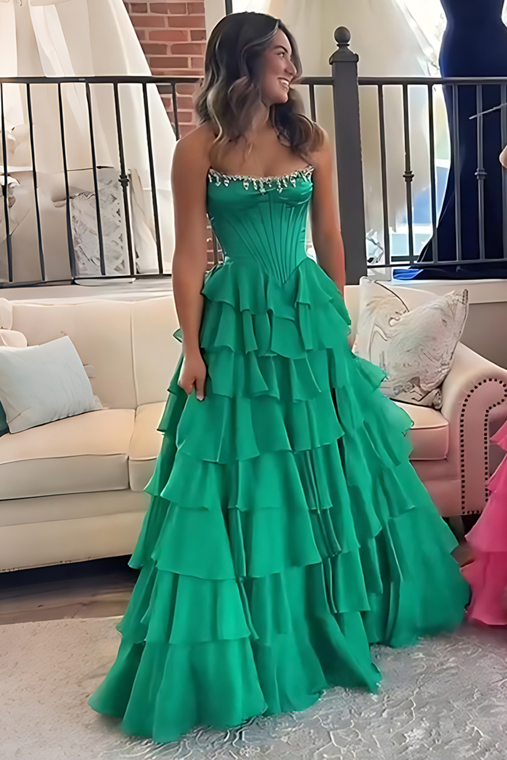 Sparkly Apricot Strapless Ruffled Long Corset Prom Dress with Beading