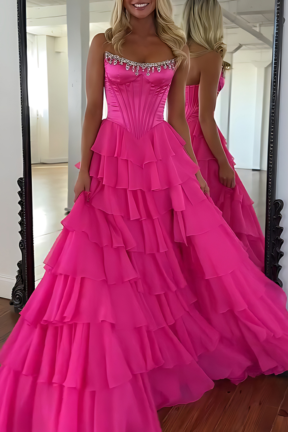 Sparkly Apricot Strapless Ruffled Long Corset Prom Dress with Beading
