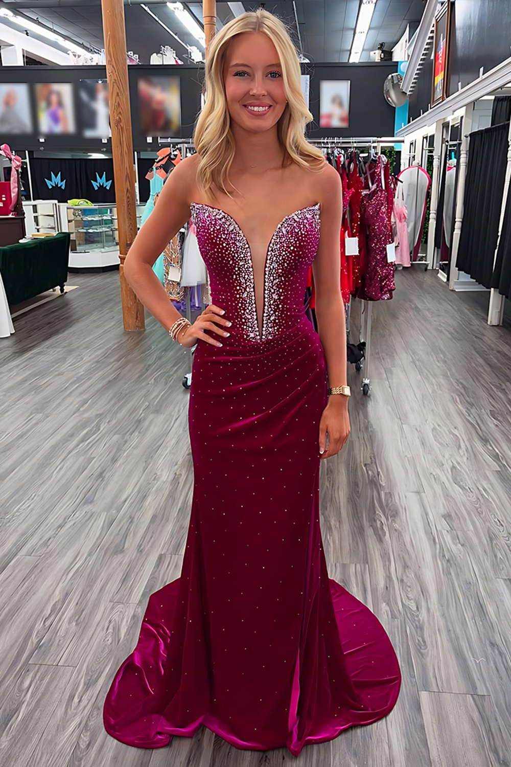 Sparkly Burgundy Mermaid Velvet Strapless Long Prom Dress with Beading