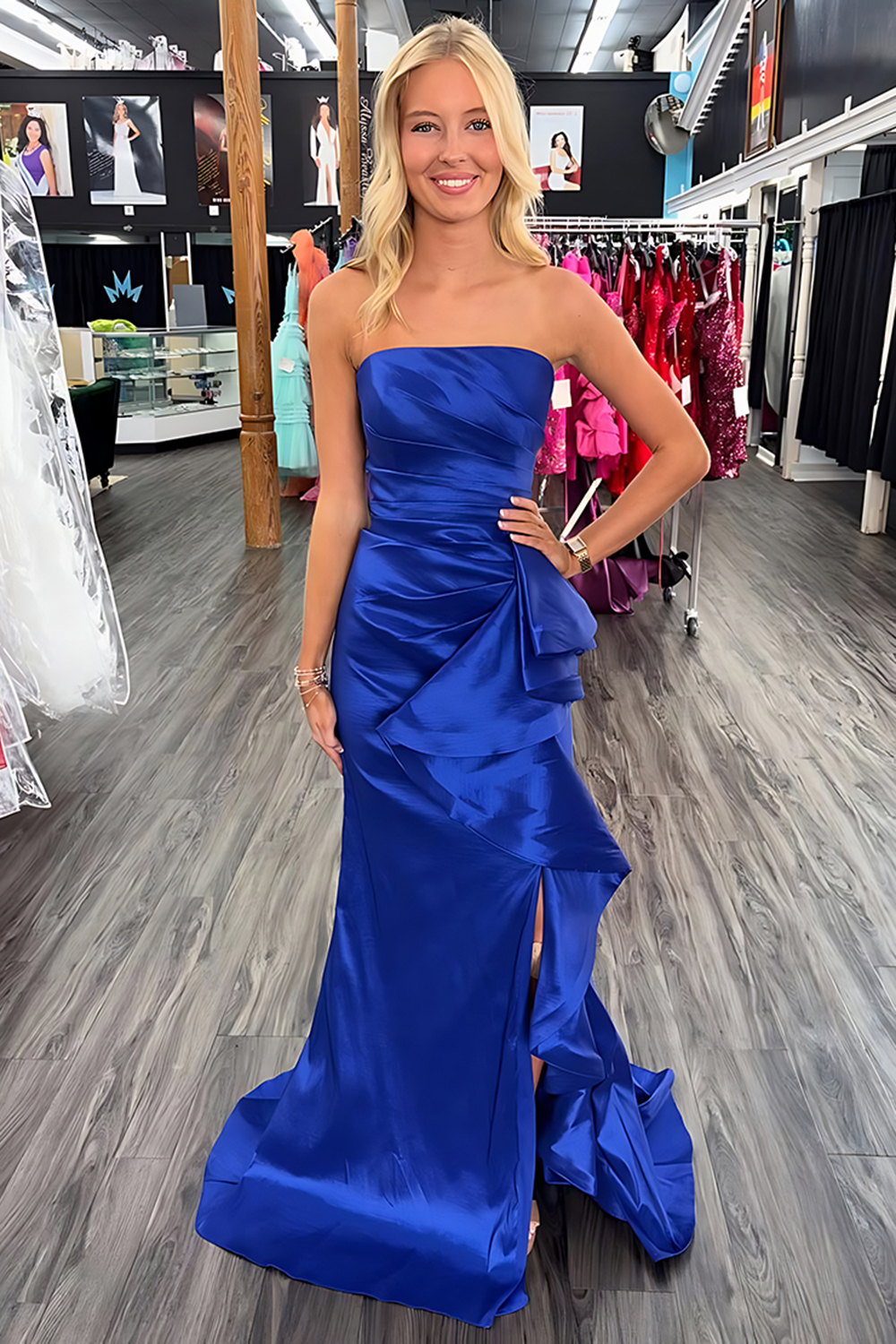 Royal Blue Satin Strapless Mermaid Long Prom Dress with Ruffles