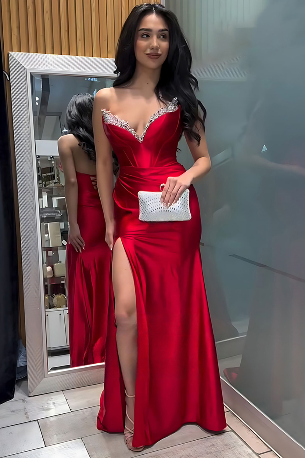 Sparkly Red Mermaid Satin Long Beaded Prom Dress with Slit