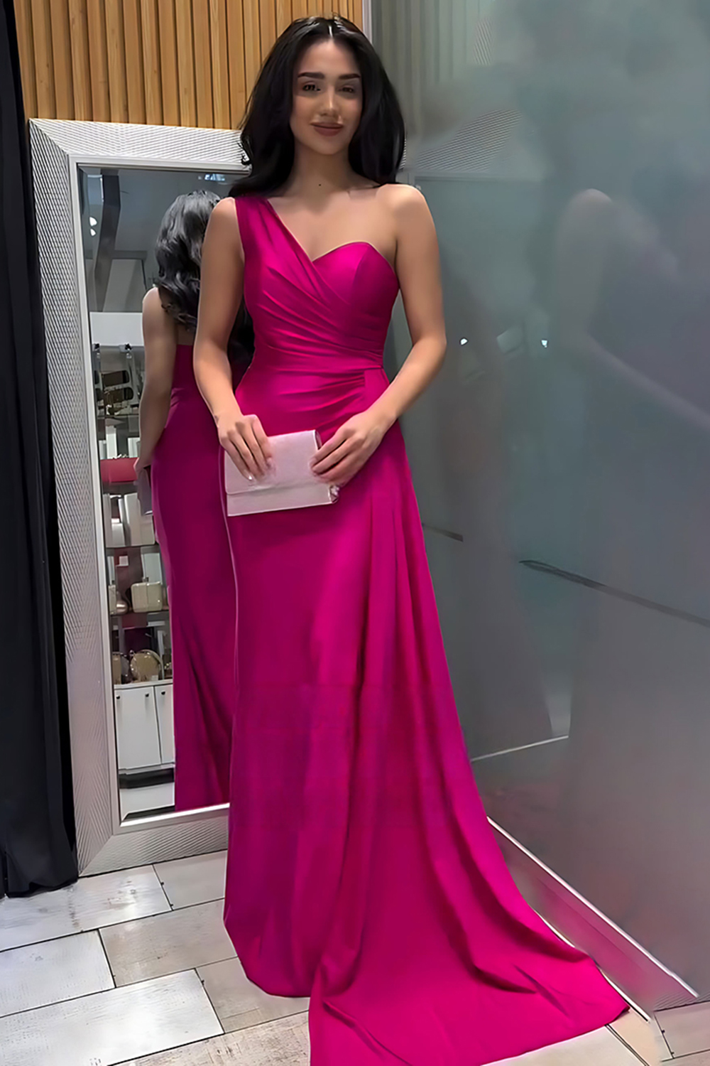 Fuchsia Satin One Shoulder Sheath Long Prom Dress
