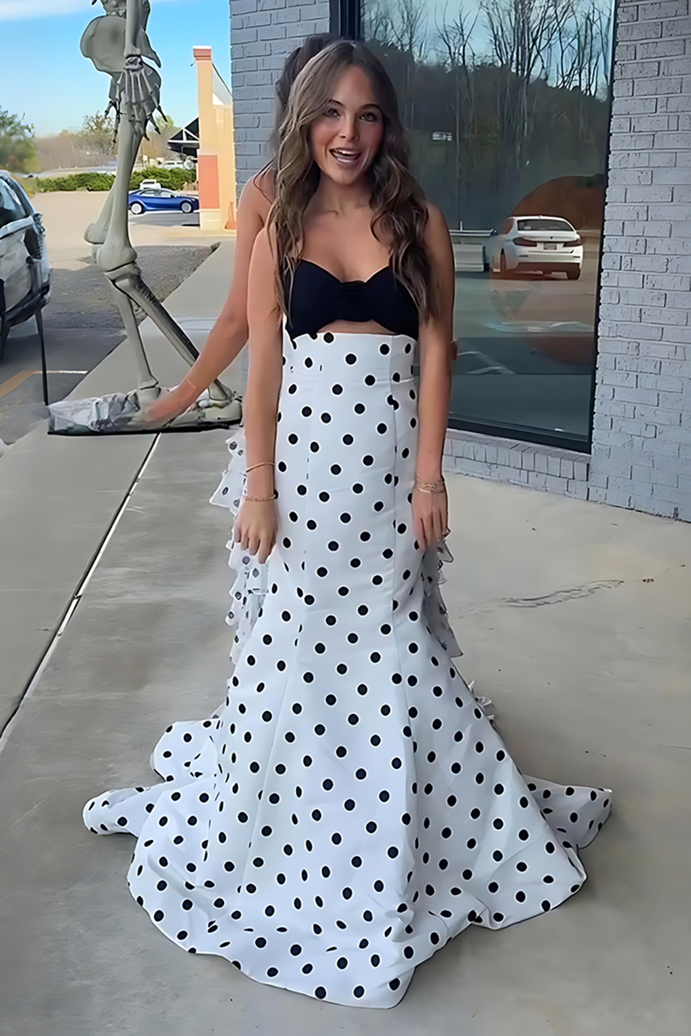 White Black Dot Mermaid Strapless Long Prom Dress with 3D Flower