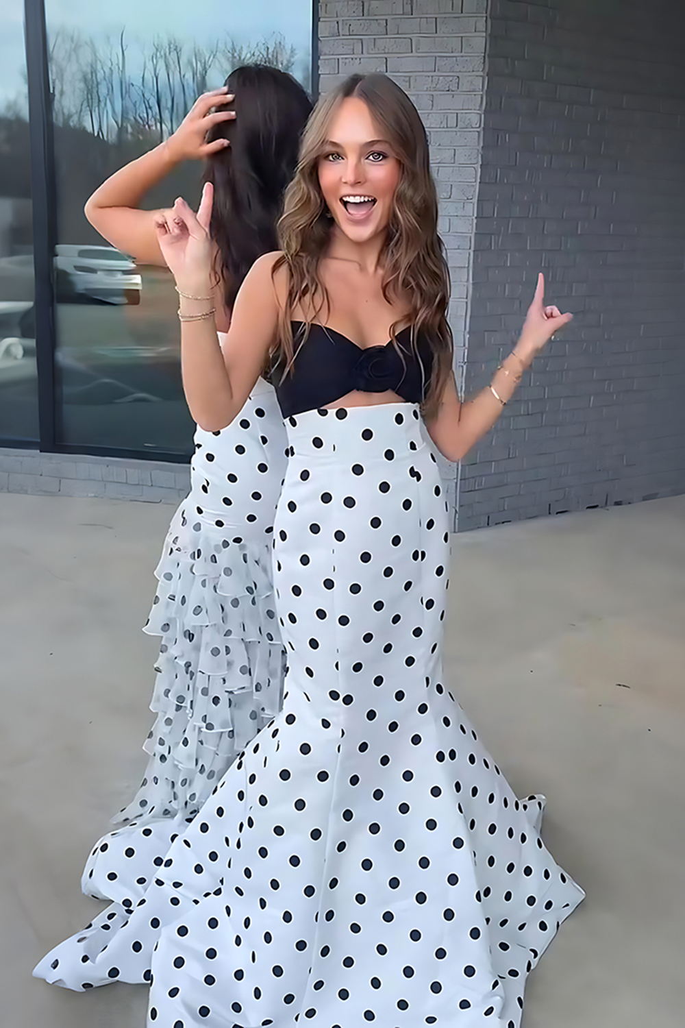 White Black Dot Mermaid Strapless Long Prom Dress with 3D Flower