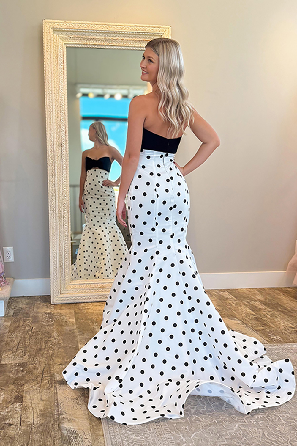White Black Dot Mermaid Strapless Long Prom Dress with 3D Flower