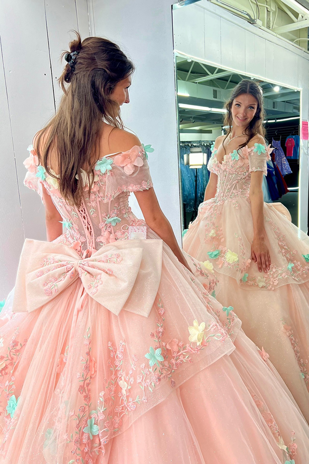 Pink Off the Shoulder Appliqued  Tulle Princess Sweep Train Quinceanera Dress with Bow