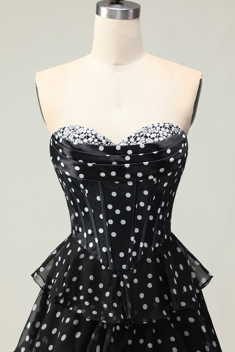 Sparkly Black and White Polka Dots Ruffled Corset Long Prom Dress with Beading