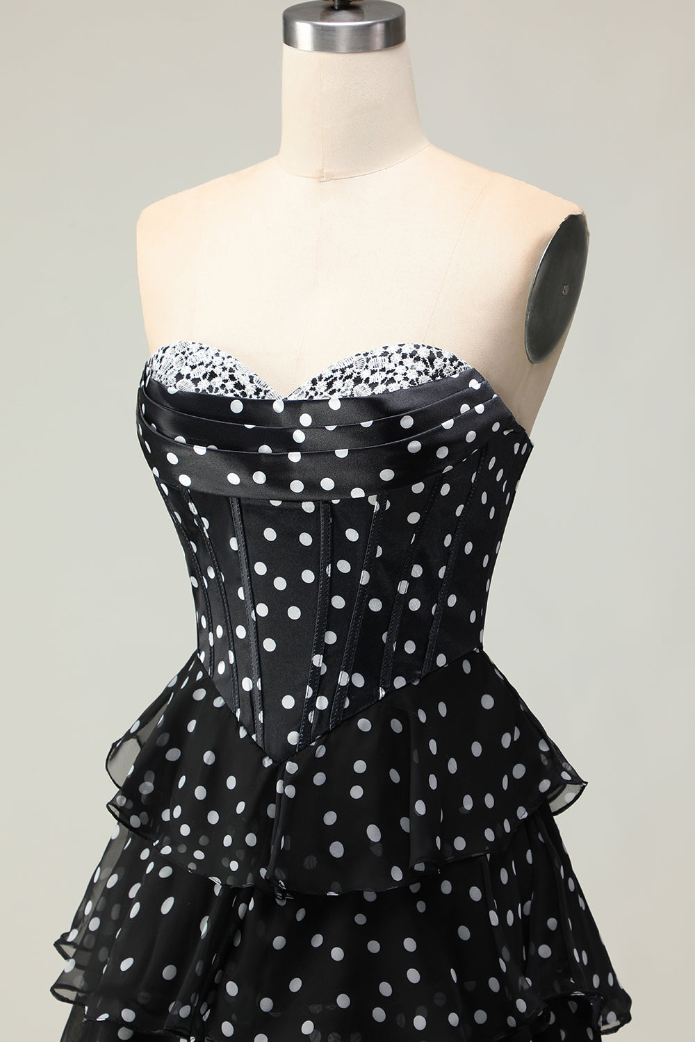 Sparkly Black and White Polka Dots Ruffled Corset Long Prom Dress with Beading