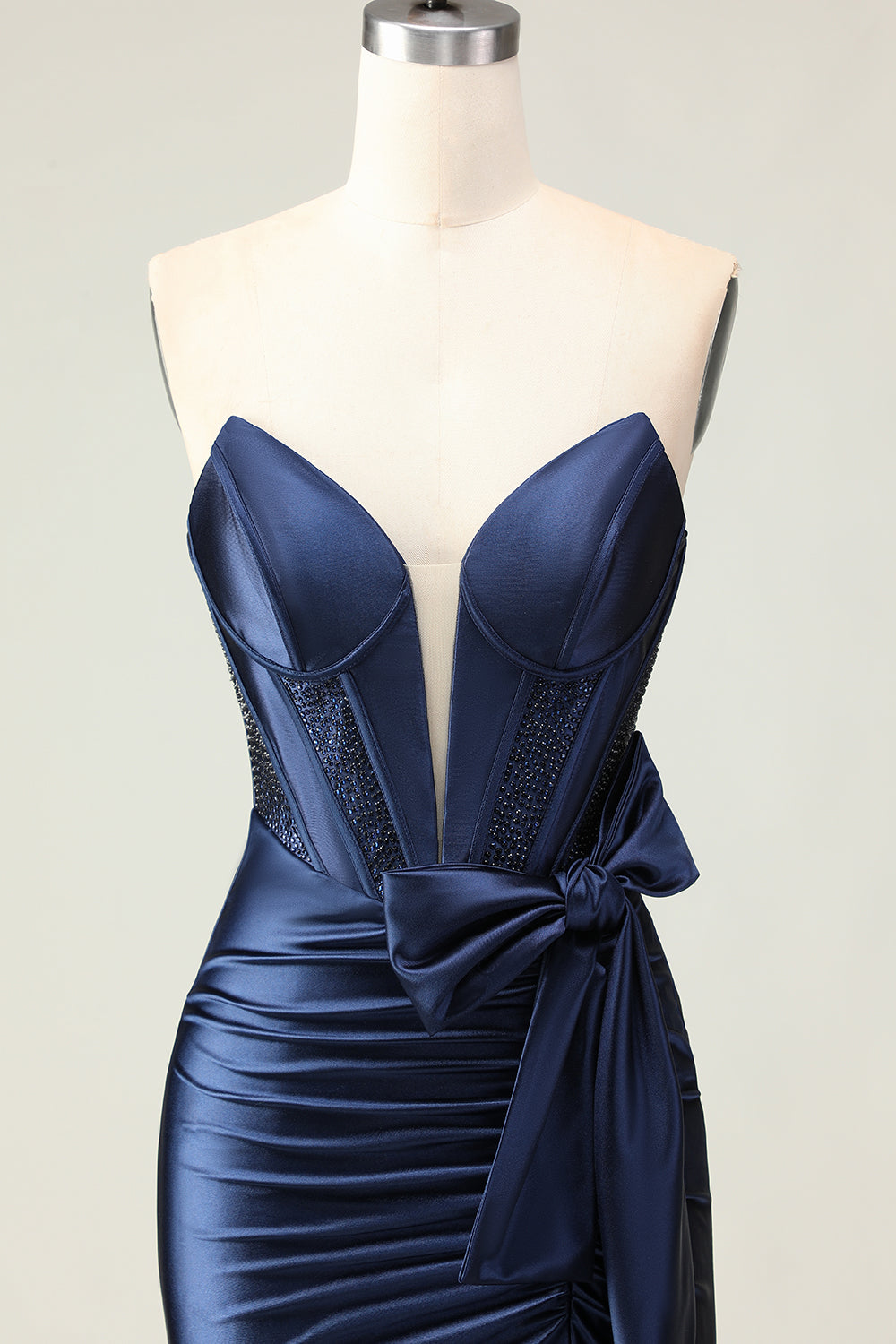 Sparkly Navy Mermaid Corset Strapless Long Prom Dress with Slit