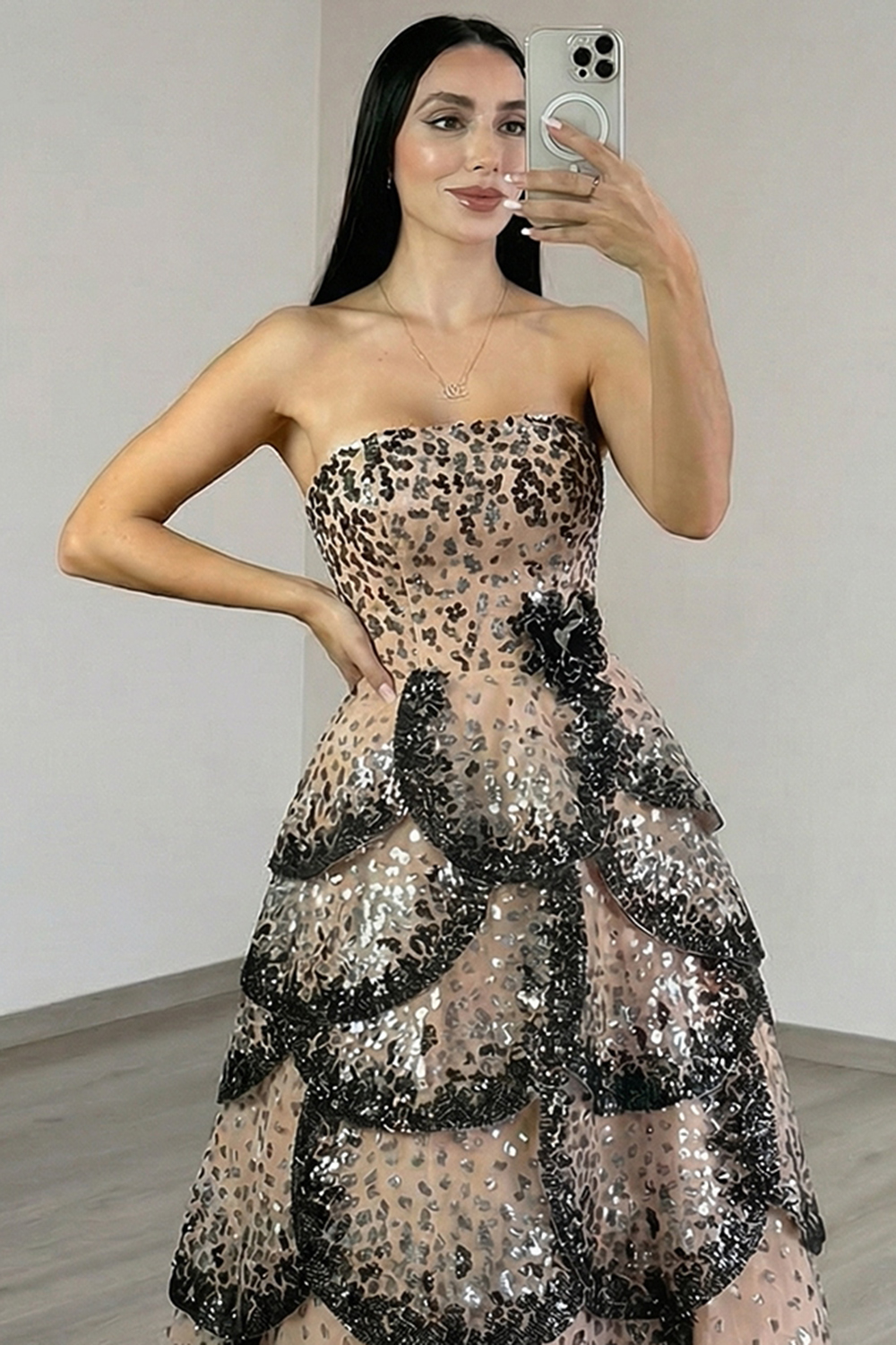 Sparkly Black Apricot Tiered Strapless A Line Long Prom Dress with Sequin