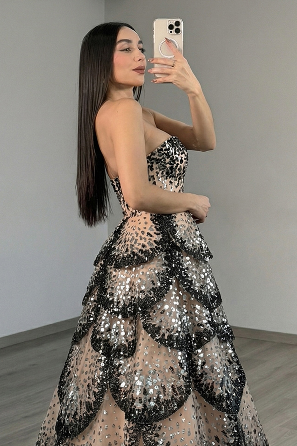 Sparkly Black Apricot Tiered Strapless A Line Long Prom Dress with Sequin